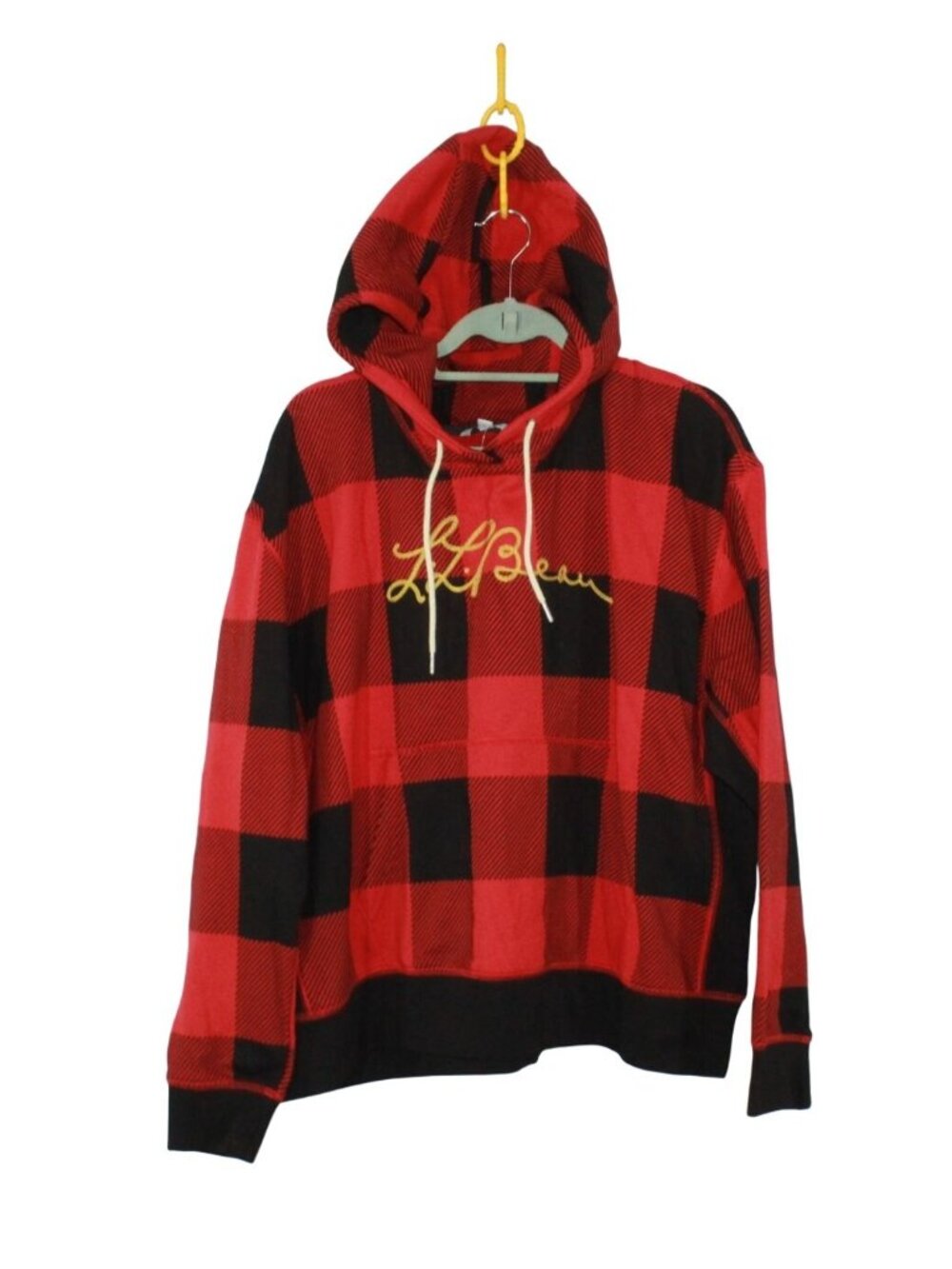 LL Bean Women's Signature Hoodie Red Black Buffalo Plaid Pullover Sweatshirt XL